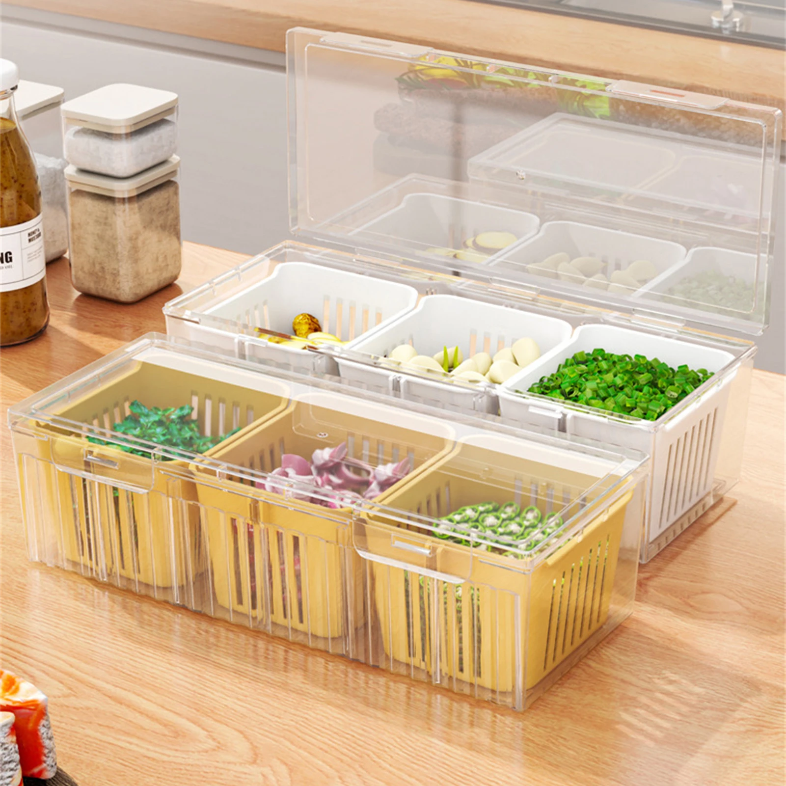 Crisper para acampar con tapa, caja sellada de drenaje dividida portátil de gran capacidad para condimentos de frutas y verduras, herramientas para barbacoa y Picnic - imagen 5