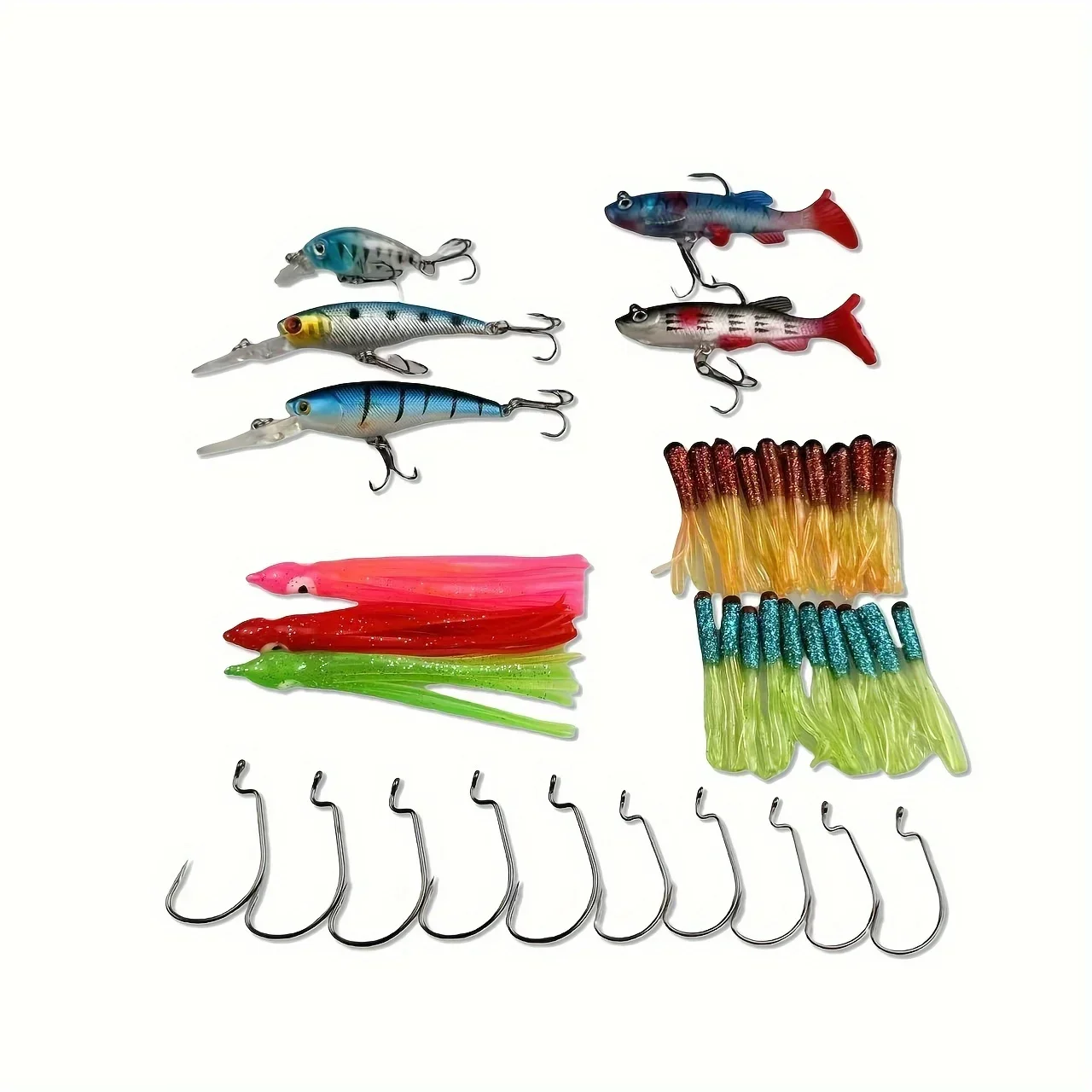 Juego de señuelos de pesca de 79 Uds., cebos giratorios de hierro y silicona multicolor, señuelos versátiles para pesca en agua dulce y salada