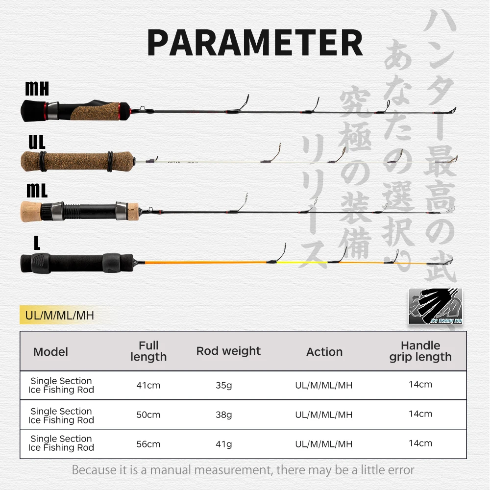 D1 caña de pescar de una sola sección, accesorio giratorio de fibra de carbono con mango de corcho MH/ML/L/UL, para invierno, 41/50/56cm - imagen 3