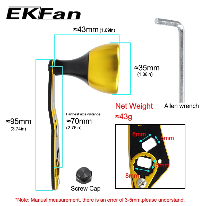 EKfan-mango de pesca de aleación de aluminio CNC Proces 95MM con perilla de Metal de 30MM, adecuado para Baitcasting DAI & SHI - imagen 5