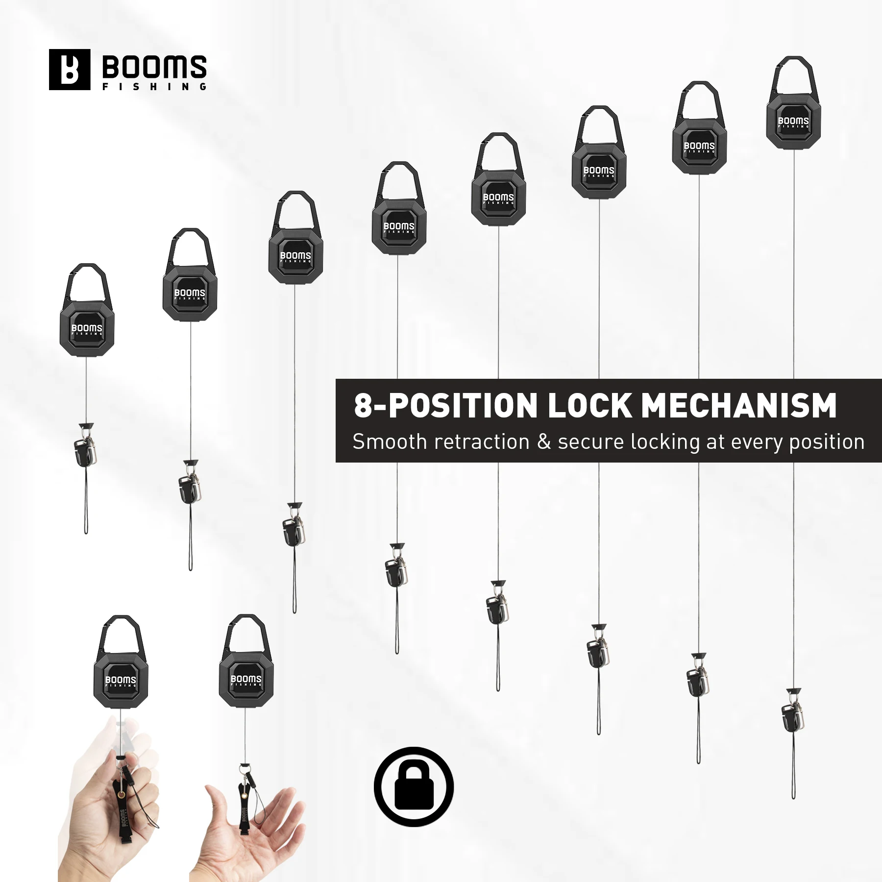 Booms Fishing-Retractor de aleación de Zinc de 75cm, llavero retráctil de bloqueo resistente, correa de engranaje con cable retráctil, herramientas de pesca - imagen 4