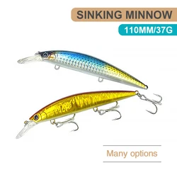 Señuelos de pesca de 11cm y 37g, pececillo que se hunde, Wobbler de fundición larga, cebo duro Artificial pesado, Jerkbait, pesca en agua de mar, lubina MN645