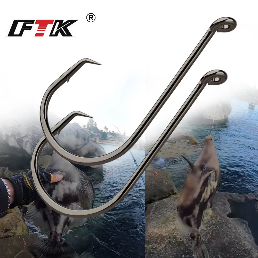 FTK 25-50PCS Baitholder Anzuelo de pesca de acero rico en carbono 1/0 ~ 8/0 #   Gancho de pulpo con ojo, gancho de mar de mango largo con púas