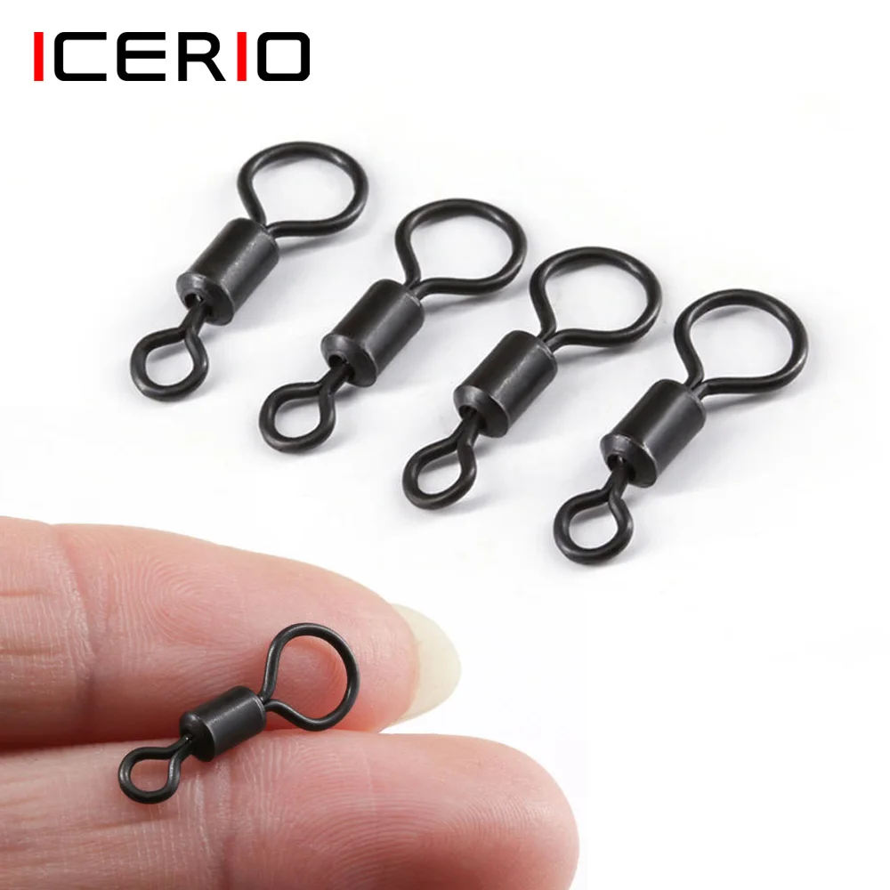 ICERIO-accesorios de pesca de carpa, aparejo de conector de anillo giratorio, anzuelo giratorio de ojo grande, color negro mate, 100 unidades, venta al por mayor