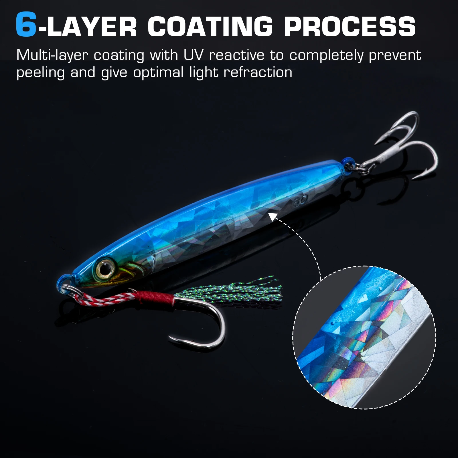 Goture-señuelo de pesca de Jigging lento de tungsteno, cebo duro de hundimiento de anzuelo de acero de alto carbono, cuchara giratoria, impresión 3D, 60g, 80g - imagen 4