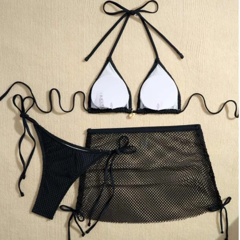 Conjunto de traje de baño Sexy de malla 3 en 1, Bikini ajustado con escote en V profundo, ropa de playa, traje de baño sin mangas con cordones para vacaciones