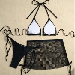 Conjunto de traje de baño Sexy de malla 3 en 1, Bikini ajustado con escote en V profundo, ropa de playa, traje de baño sin mangas con cordones para vacaciones