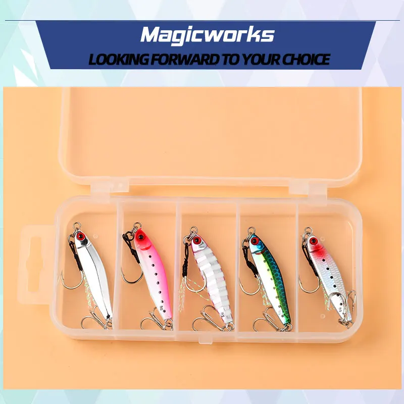 Magic Works-señuelo de plantilla de Metal, caja de 5 uds., 5g, 8g, 12g, 18g, 30g, cebos de perca, señuelos para pesca, Kit de cebo Artificial, plantillas de mar, aparejos - imagen 4