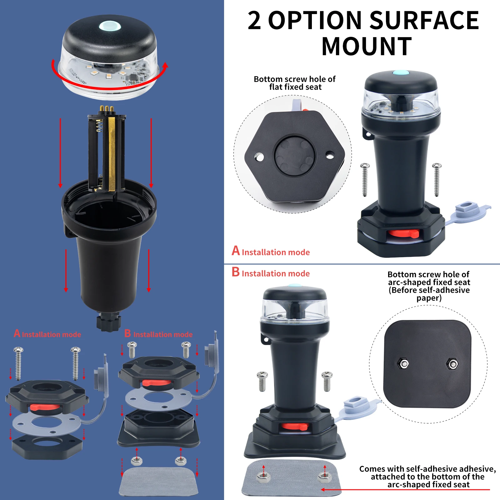 Luces navegación LED para kayak con base adhesiva y batería portátil - imagen 3