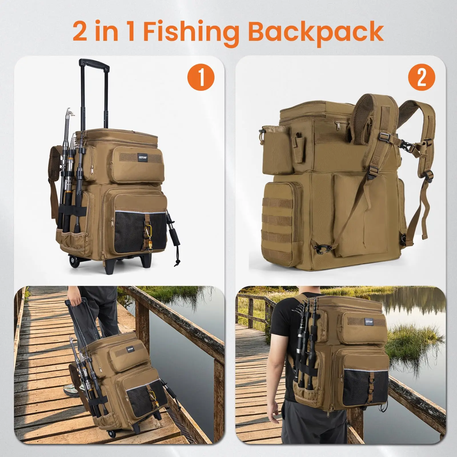 Goture Caja de aparejos rodante de 66L con enfriador, bolsa de pesca grande, mochila de aparejos resistente al agua salada con soportes para caña, equipo de pesca - imagen 5