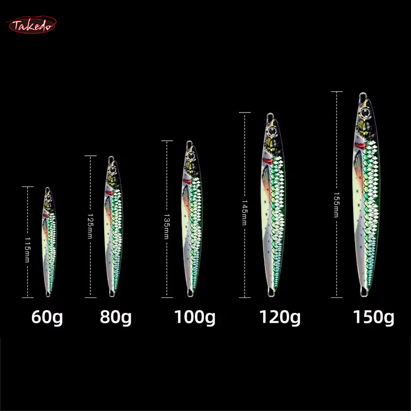 TAKEDO MJ08 Señuelos de Pesca agua salada UV pintura-abrigo rápido hundimiento Metal cuchara plantillas impresión 3D Jigging señuelo brillante Abdomen señuelo - imagen 4