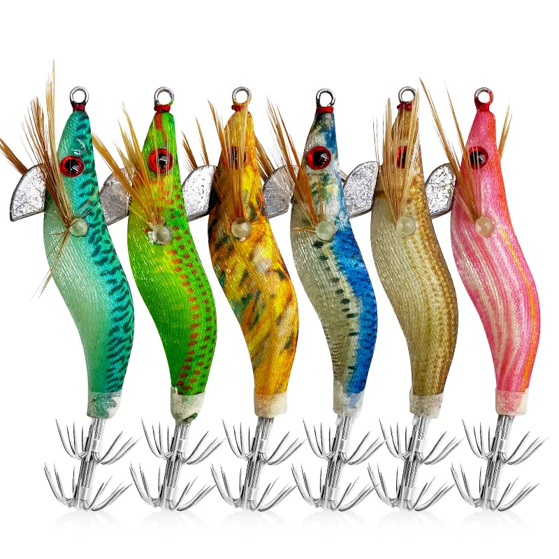 3/6 Uds. Gancho de calamar y camarones de madera que brilla en la oscuridad 1,5 #   Pequeño con cuentas de contrapeso, calamar, sepia, gancho, madera, camarones