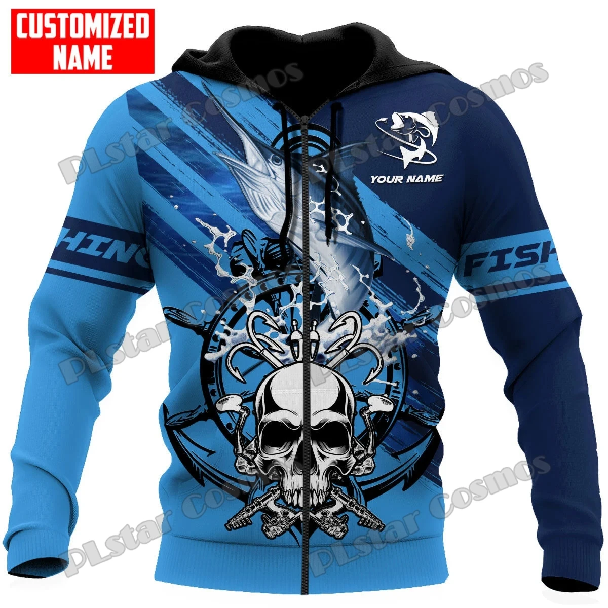 Sudadera con capucha y sudadera con estampado 3D de calavera de pesca de Marlin para hombre, jersey con capucha informal Unisex, chaqueta con cremallera de otoño QDY16 - imagen 3