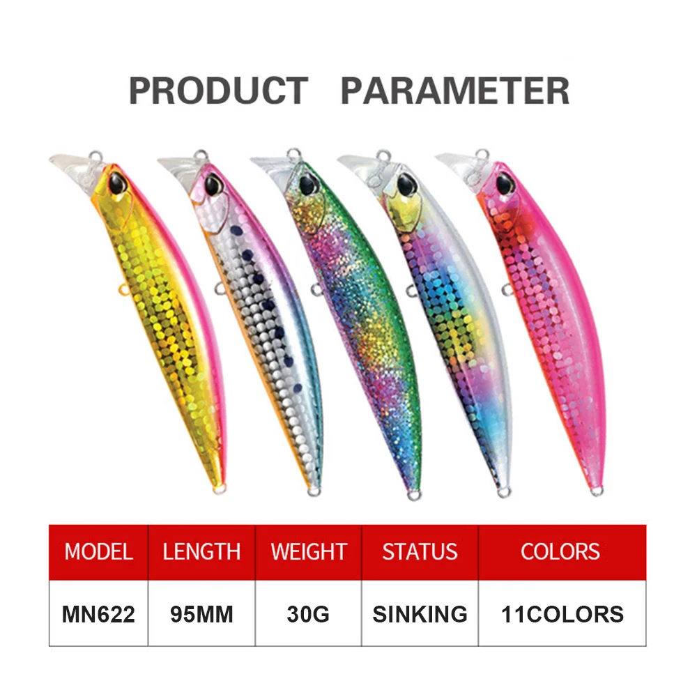 Señuelos de pesca de 9,5 cm y 30g, Wobbler de pececillo que se hunden, cebo duro Artificial pesado de fundición larga, Jerkbait, pesca en agua de mar, cebo de lubina MN622 - imagen 4