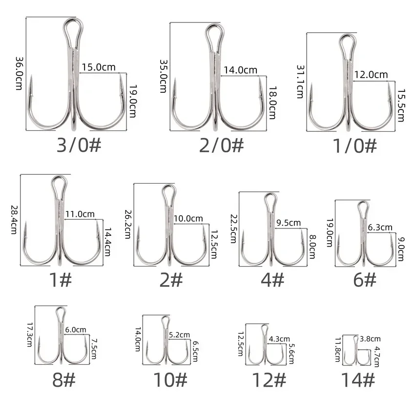 10 unids/lote 2 #   -14 #   3/0 #   Anzuelo de pesca plateado, anzuelos triples de acero rico en carbono, aparejos de pesca, triples curvados redondos para lubina - imagen 2