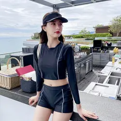 Traje de baño de dos piezas con diseño de telas combinadas para mujer, traje de baño adelgazante de cintura alta, tela de protección solar con pantalones cortos