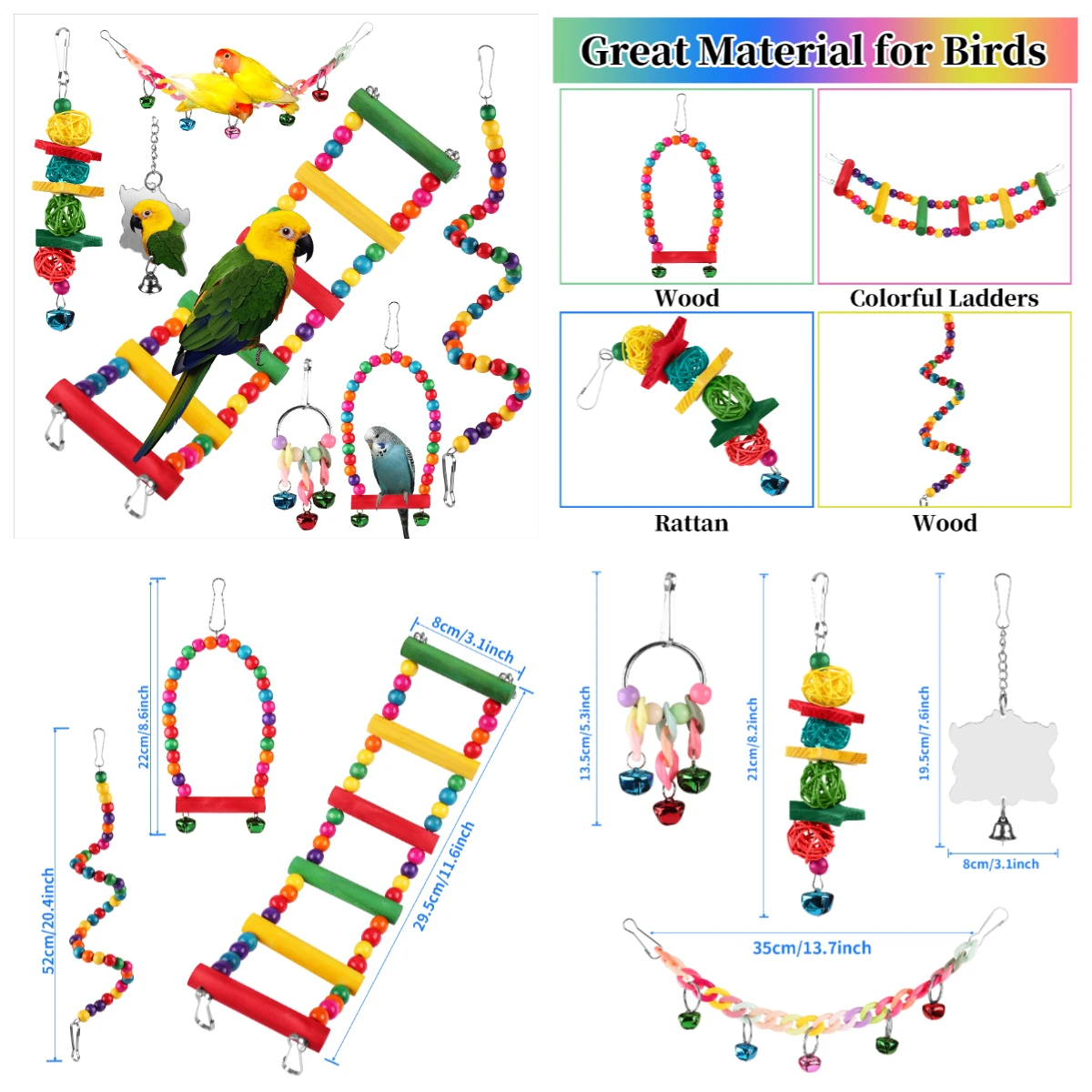 8 piezas de juguetes coloridos para periquitos y pájaros, columpio colgante de pie, juguete para masticar, hamaca, escalera de escalada, jaula para pájaros, juguete para periquito - imagen 5