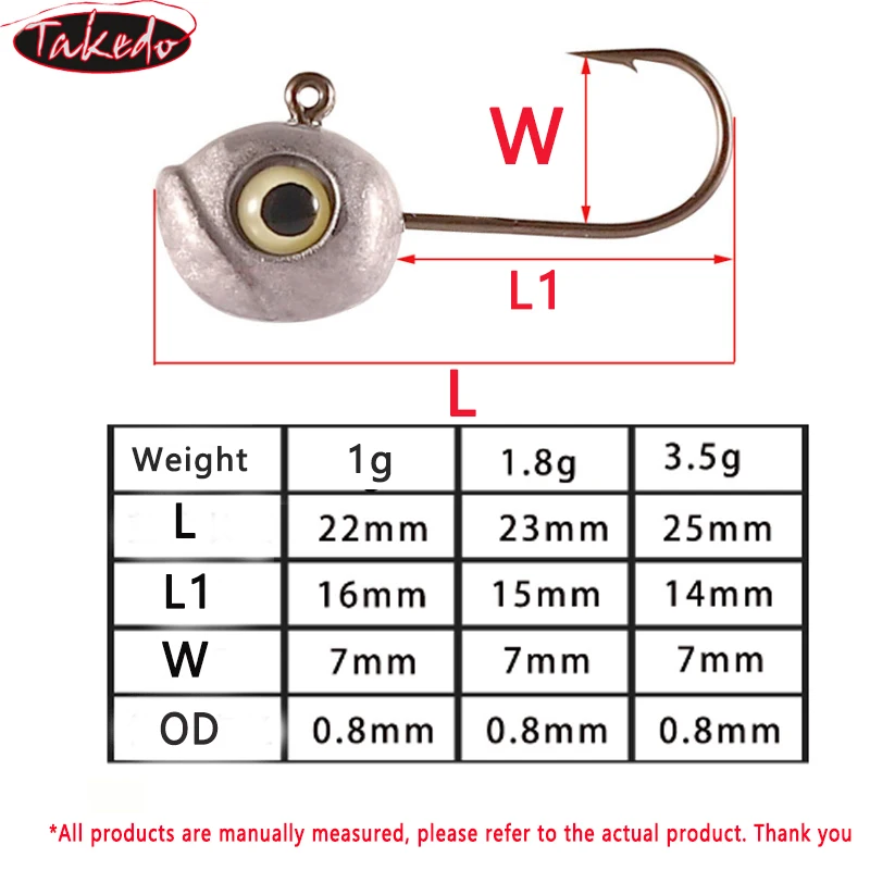 TAKEDO, 10 Uds., 1G, 1,8G, 3,5G, anzuelo con cabeza de anzuelo, señuelo de hielo, anzuelos de pesca de raíz de roca, ojos luminosos para señuelos de gusanos blandos, anzuelo con cabeza de plantilla de plomo - imagen 2