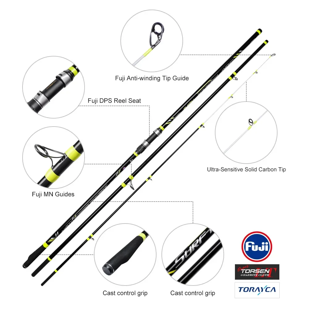 Noeby Surf Casting Caña de pescar, punta de carbono sólido, peso de señuelo de 3 secciones 100-250 g Asiento de carrete Fuji DPS, cañas híbridas de playa, 425 cm - imagen 3