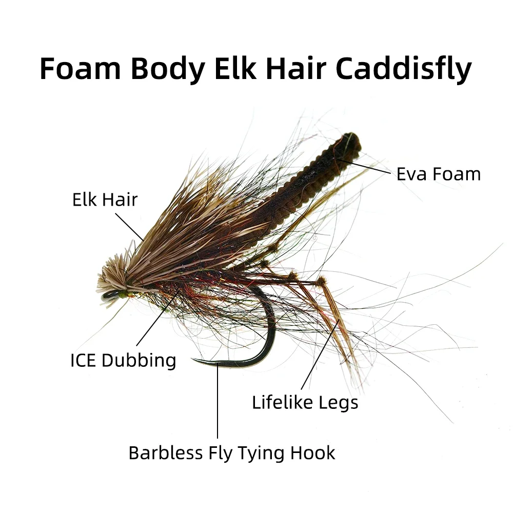 Wifreo 6 piezas # 12 # 14 # 16 espuma trasera marrón pelo de alce Caddis mosca sin púas pesca con mosca flotante moscas secas trucha Grayling señuelo cebo - imagen 3