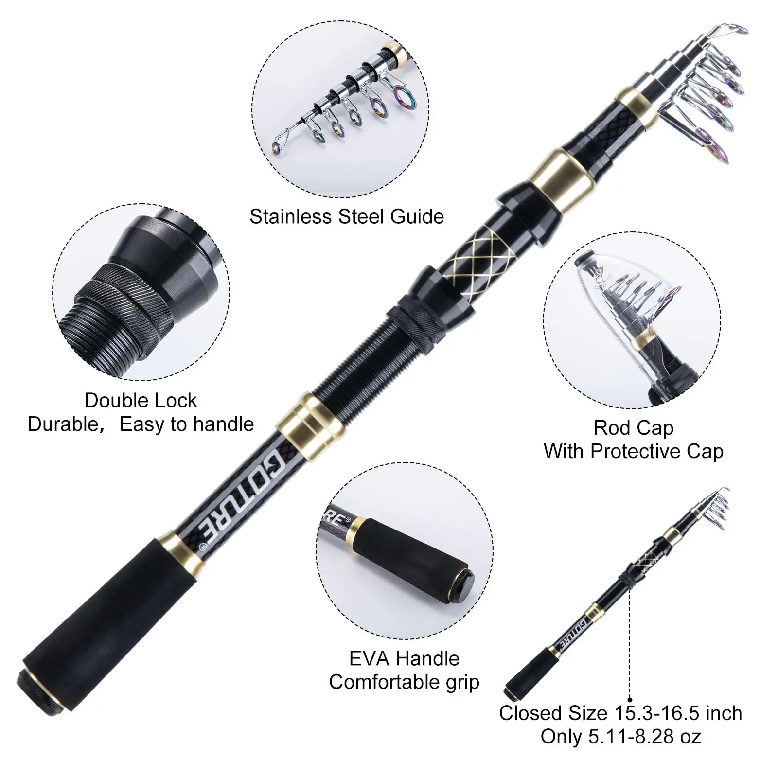 Goture 1,8 M 2,1 M 2,4 M 2,7 M juego de cañas de pescar telescópicas y rueda de carrete de pesca giratoria para aparejos de pesca de agua dulce y salada - imagen 2