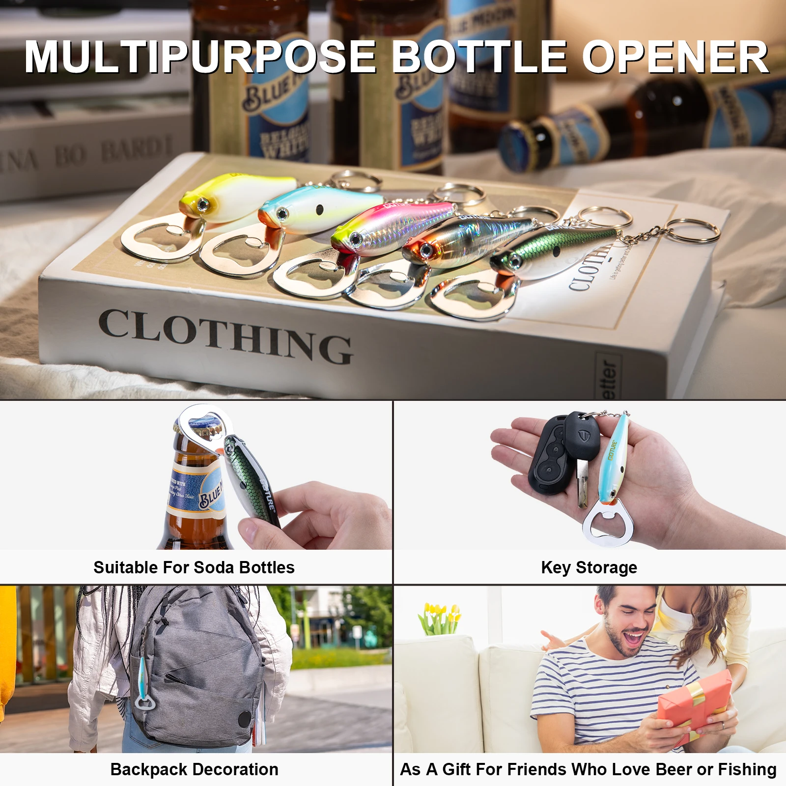 Goture-abridor de botellas multifuncional de acero inoxidable, diseño con forma de señuelo de pescado, abrelatas, abridor de botellas de cerveza, herramienta pequeña para el hogar - imagen 3