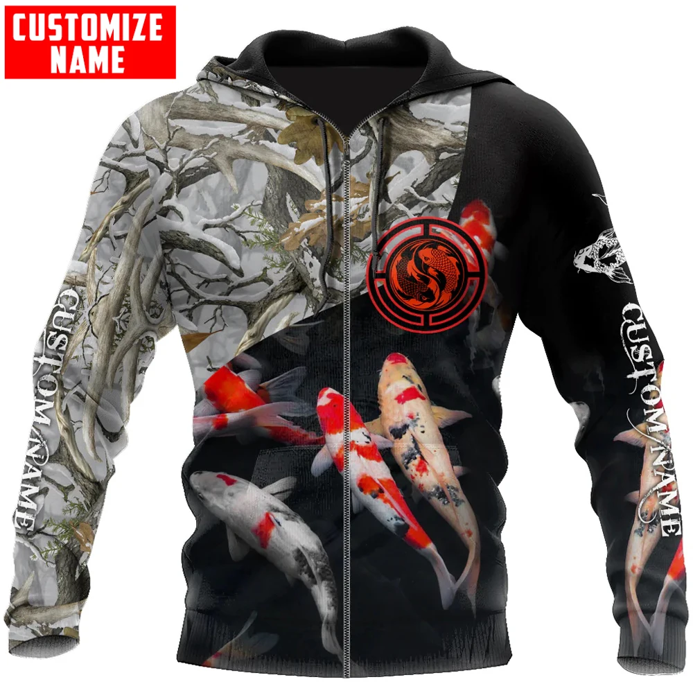 Nombre personalizado pez Koi bajo el agua 3D completamente estampado Sudadera con capucha y sudadera para hombre sudaderas con capucha con cremallera Unisex chándales casuales KJ927 - imagen 3