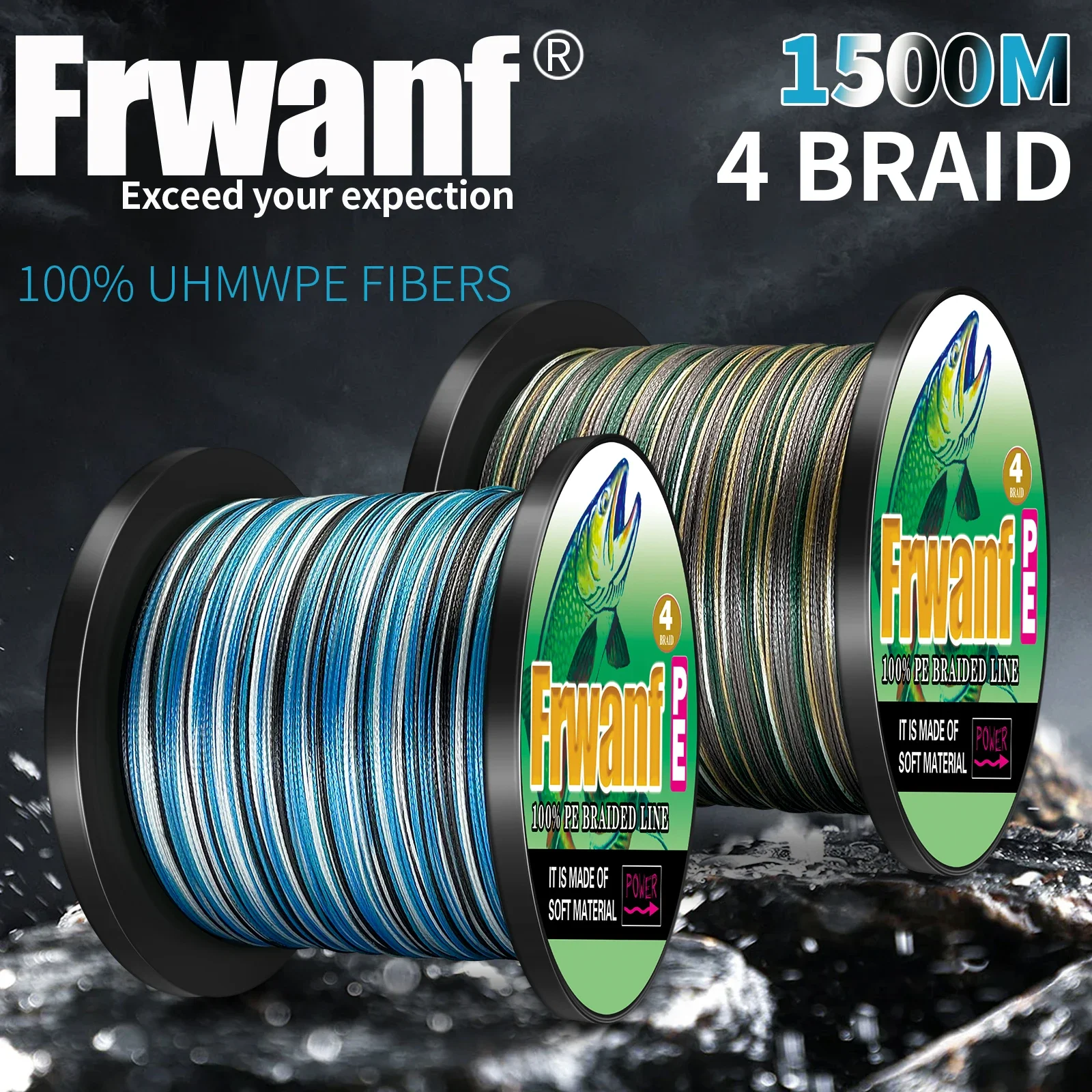 Línea de pesca trenzada súper fuerte Frwanf, 4 hebras, 1500M, 2-100LB, línea multifilamento japonesa, alambre de pesca fuerte, trenza de PE japonesa