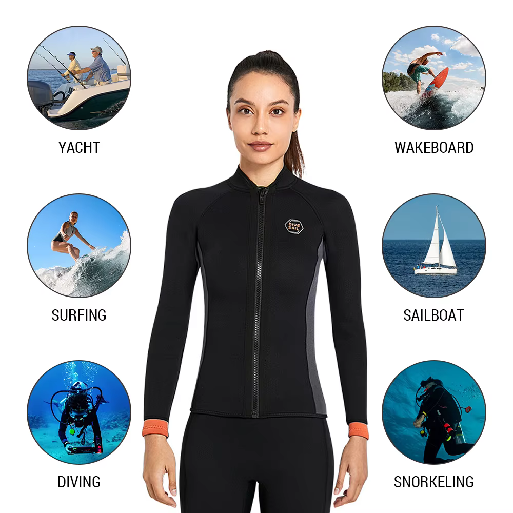 Traje de neopreno de manga larga para mujer, Top cálido con cremallera frontal, camisas para surf, natación, esnórquel, kayak, 3mm - imagen 2