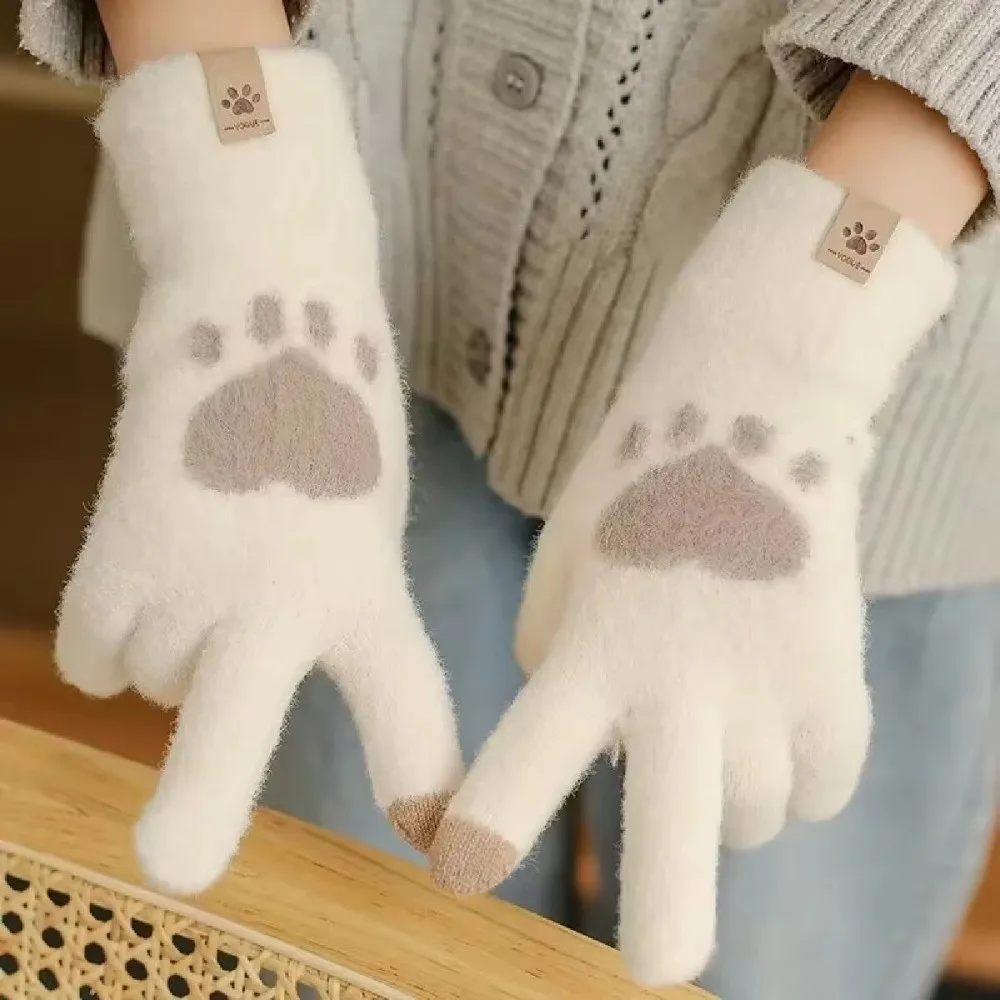 Guantes de pata de gato con dedos completos para mujer, manoplas gruesas con forro polar para invierno, cálidos guantes con pantalla táctil - imagen 4