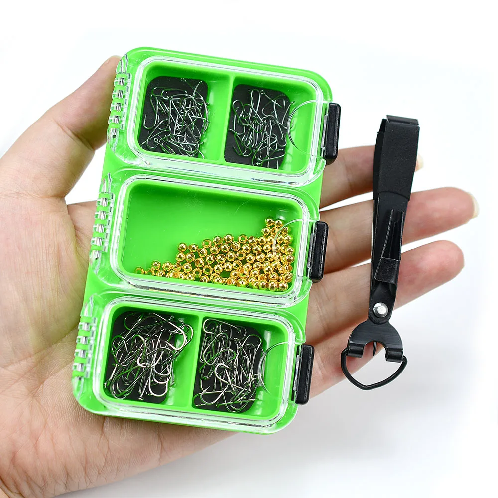 241 unids/set pesca mosca atado anzuelos de púas tamaño 12 #   14 #   16 #   18 # , Material de encuadernación de cuentas de cabeza dorada y herramienta de tijeras de pesca voladora - imagen 3