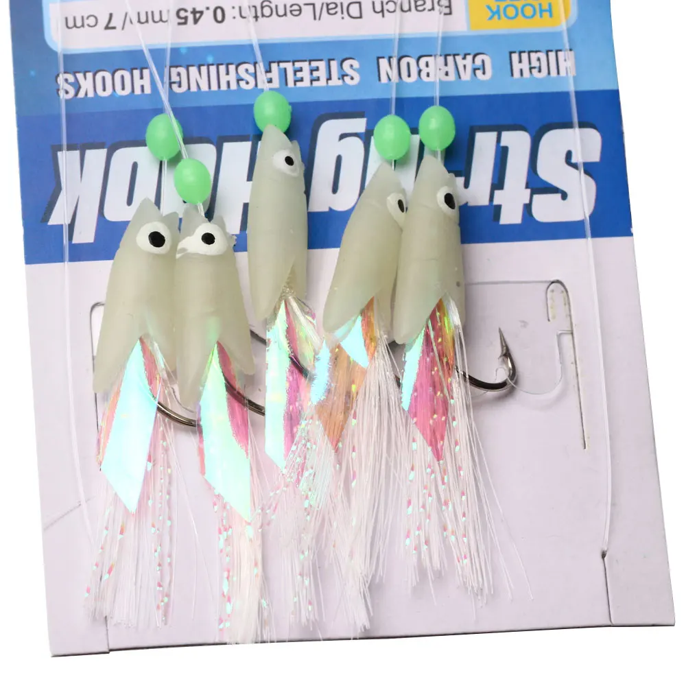 Bimoo, 2 paquetes de anzuelos de cuerda luminosos, aparejos Sabiki, cabeza de pez brillante, cola de oropel Flashabou retorcida, Señuelos de pesca de agua dulce y salada - imagen 5