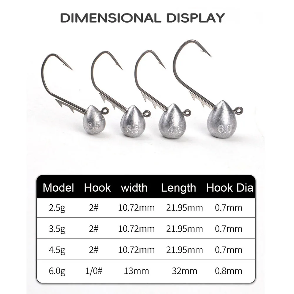 Anzuelo de cabeza plomada de 10 piezas, 2,5g/3,5g/4,5g/6g, pez Roca, anzuelo de púas, trucha, gusano suave, señuelo, anzuelo de pesca - imagen 5