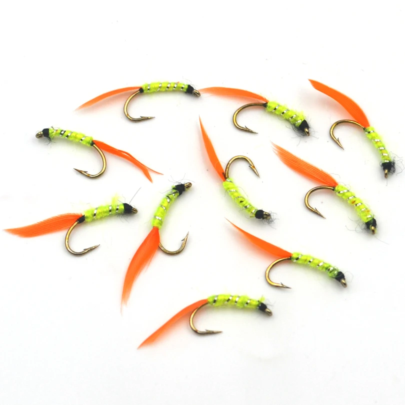 MNFT-cebos para pesca de Ninfa, trucha, Mayfly, cola de pluma naranja, cuerpo amarillo, 10 unids/paquete, 12 # - imagen 2