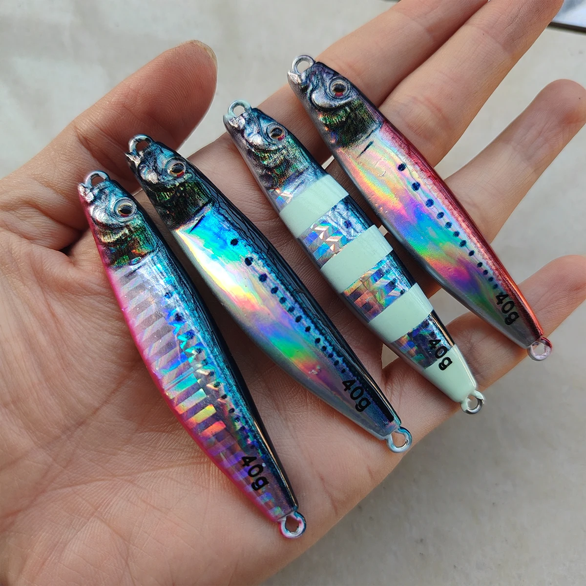 Shore Jigging-señuelo de pesca de agua salada, plantilla de Metal 3D de 40g, cuchara Vertical de tono lento, cebo para lubina, atún, Mahi Marlin