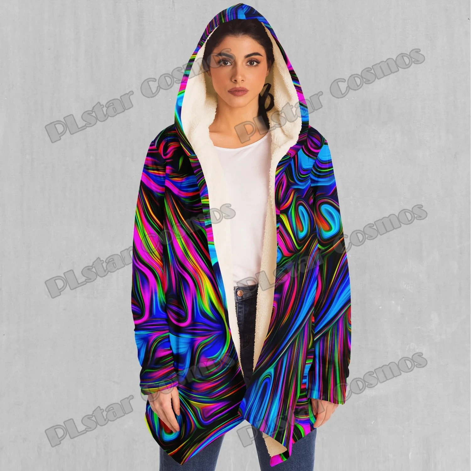 Ondas psicodélicas coloridas 3D completamente estampadas para hombre capa con capucha forrada de Sherpa invierno Unisex Casual gruesa capa cálida DP83 - imagen 5