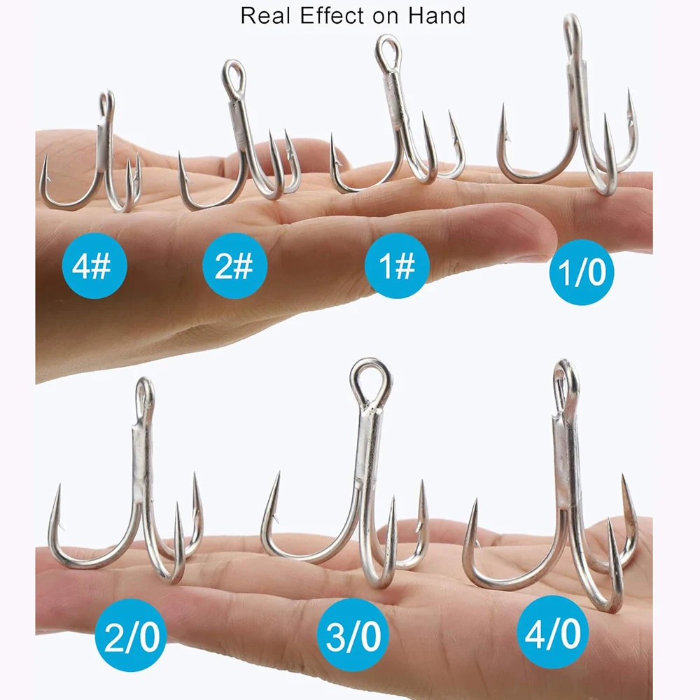 Anzuelos de pesca de acero de alto carbono, anzuelos de pesca de refuerzo triple, anzuelos de asistencia de plantilla de Metal, 50 piezas, 4X, 1/2/4/6/8 # - imagen 5