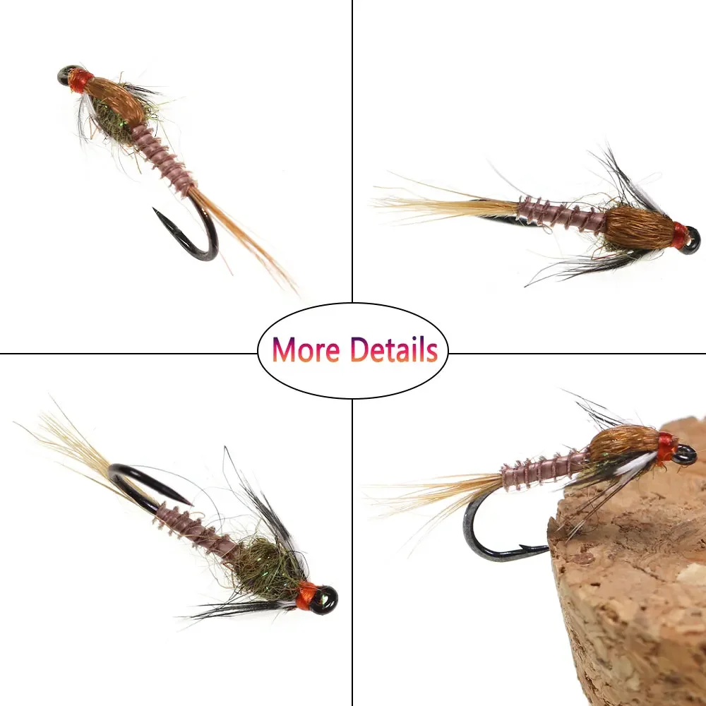 Bimoo 6PCS # 14 marrón Biot ninfa Grizzly Hackle Emergers cebo de insecto de púas artificiales para trucha Grayling perca Señuelos de pesca - imagen 5