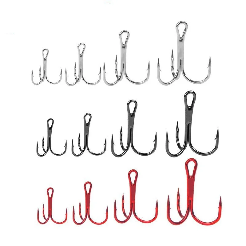 20 piezas anzuelos triples de acero rico en carbono súper afilados tamaño sólido 2 # -8 #   Anzuelo de pesca de púas triple plateado, anzuelo de pesca de Jigging rojo