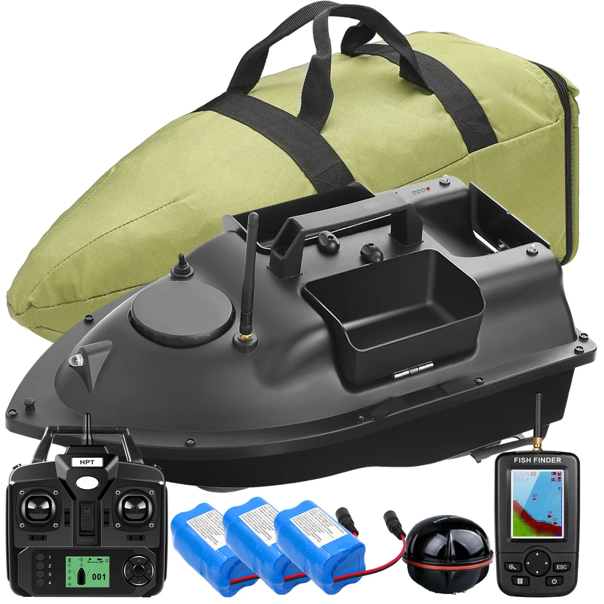 Barco de cebo de pesca GPS, punto de 16 posiciones, barco de cebo de pesca de carpa con retorno inteligente, buscador de peces Sonar, bolso, baterías de repuesto