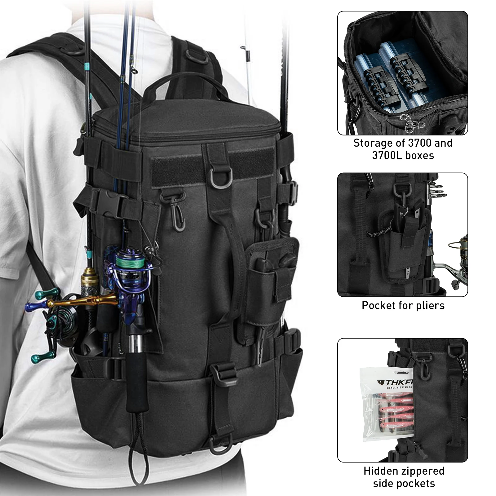 Mochilas de pesca THKFISH con soporte para caña, mochila de almacenamiento de aparejos de pesca de gran capacidad, bolsas de pesca impermeables para exteriores - imagen 3