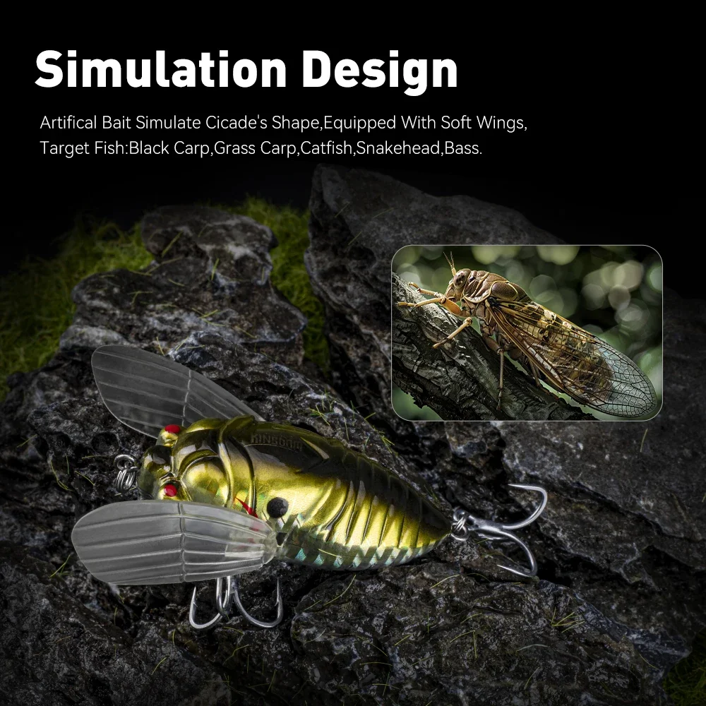Señuelo de pesca Kingdom, cigarra biónica, 40mm, 5,5g, 55mm, 12,1g, cebo duro flotante Artificial sobre orugas, Lucio, cebos para insectos Topwater - imagen 5