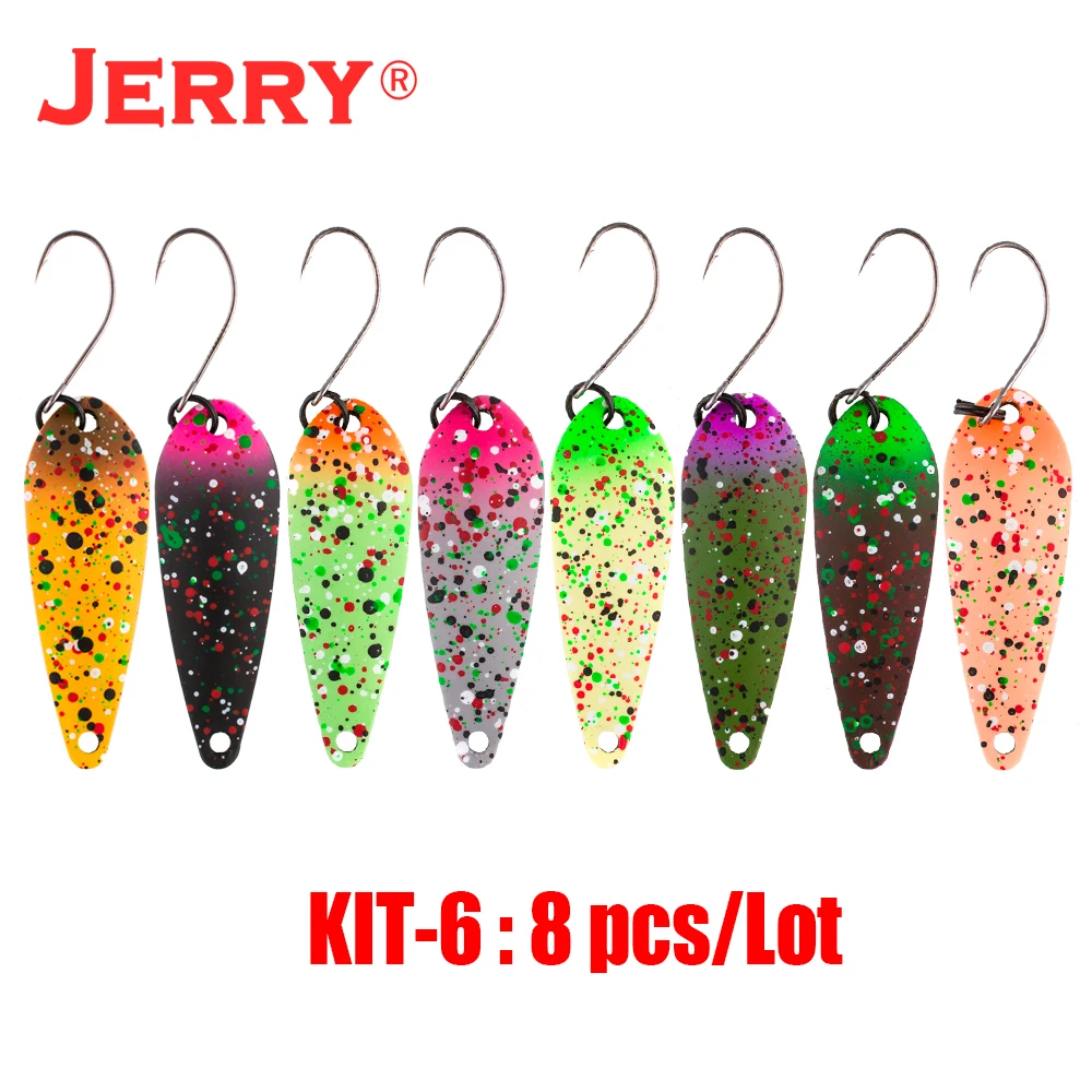 Jerry Aries 3,5g 5g Kit de cuchara de Metal para trucha, cebo giratorio de colores UV, adornos brillantes, lucio, perca, Micro señuelo de Pesca de agua dulce