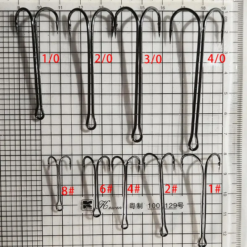 TAKEDO 10 Uds 9883 anzuelo de pesca doble de vástago largo doblado redondo, anzuelo de pesca de púas de níquel negro de acero al carbono para señuelo de rana - imagen 4