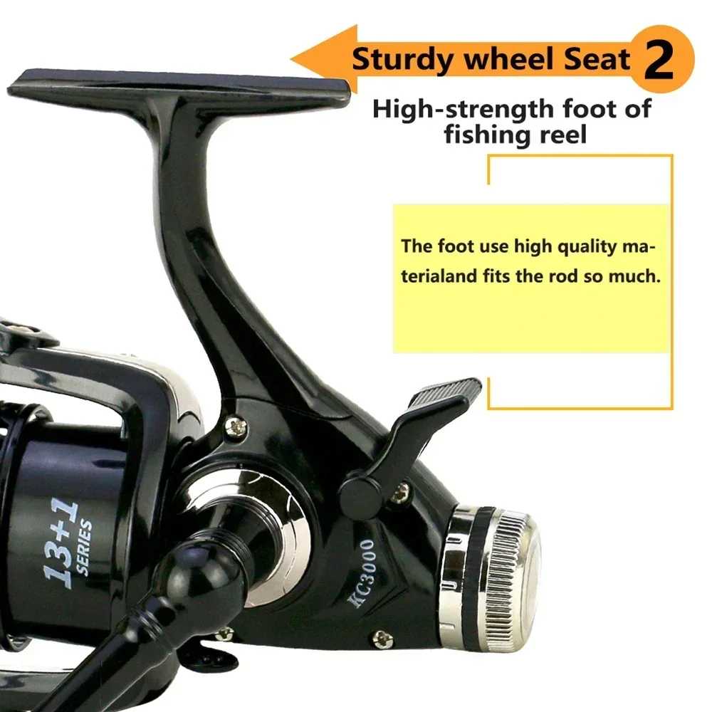 Un carrete de pesca negro con un pie de línea de pesca de alta resistencia