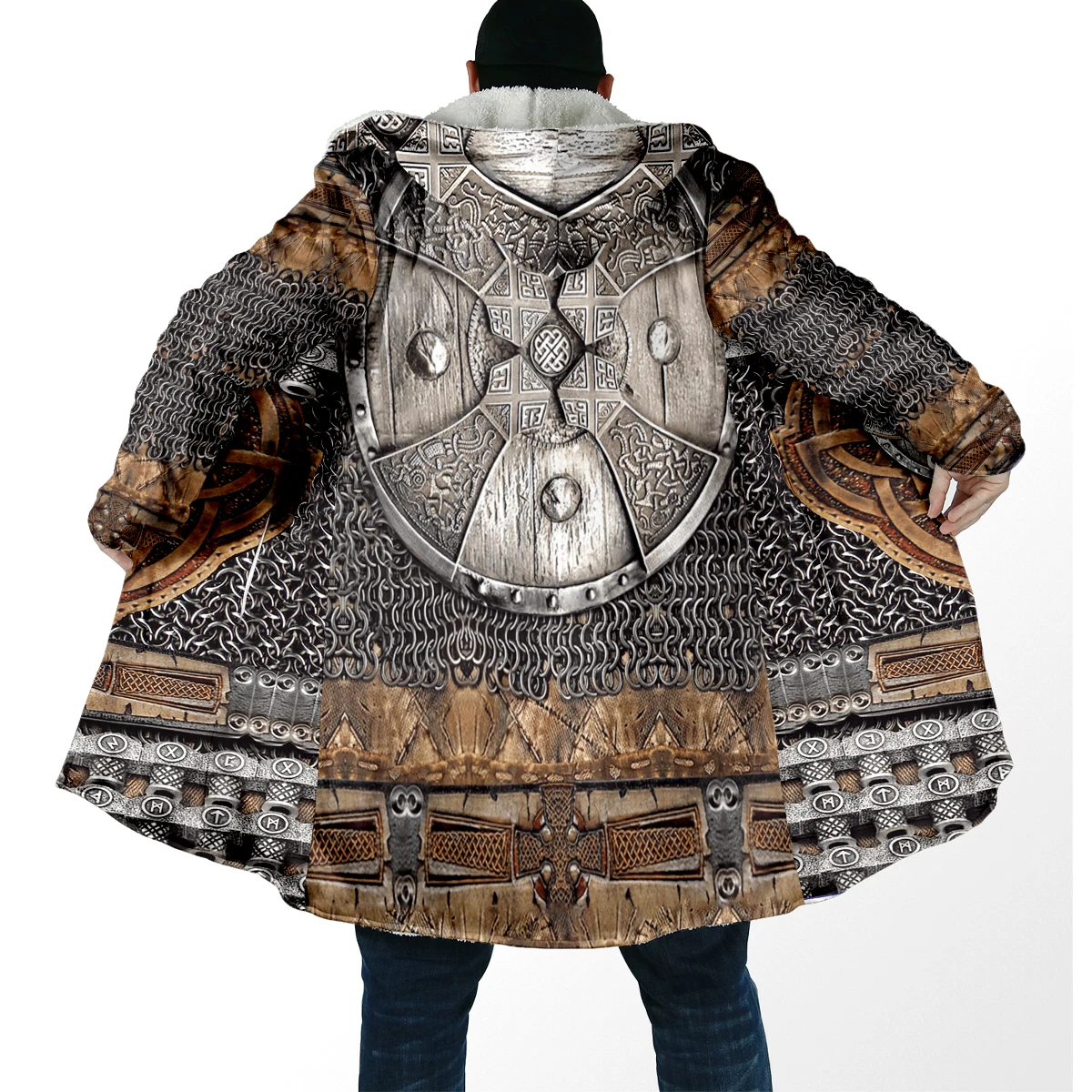 2025 capa de moda de invierno para hombre, capa con capucha de lana gruesa con estampado 3D de tatuaje de lobo, capa cálida informal Unisex DP86 - imagen 5