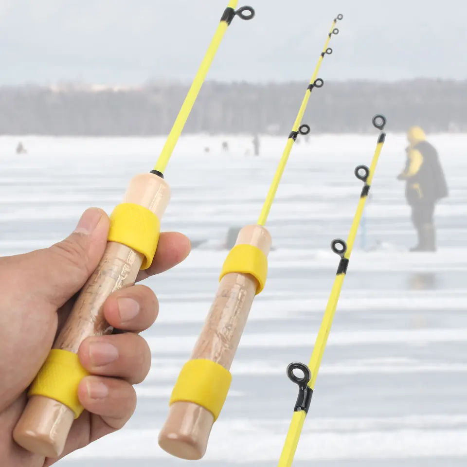 Caña de pescar en hielo amarilla portátil, fibra de carbono de 55 cm con mango similar a la madera y punta sensible, control preciso para lagos congelados