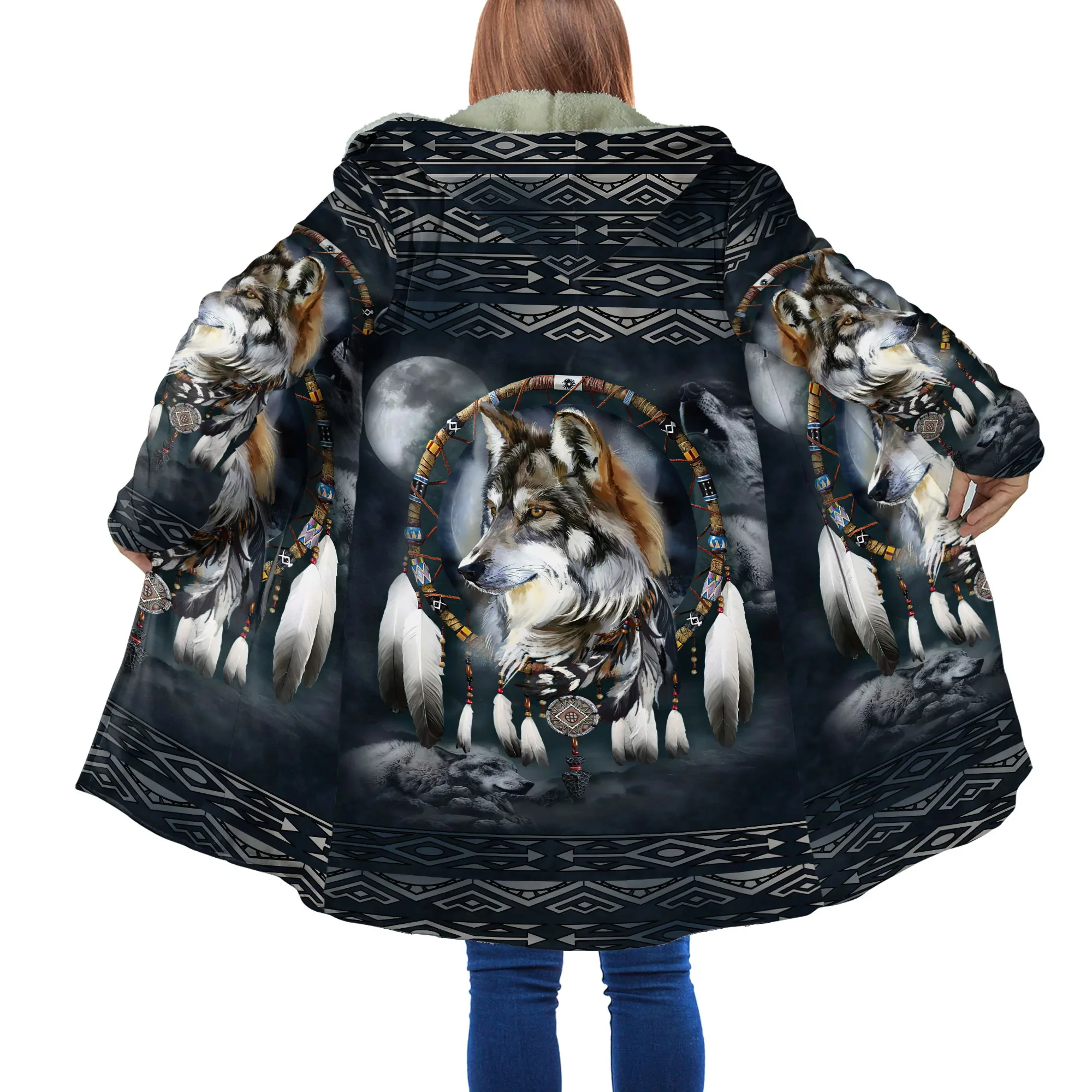 Capa de invierno a la moda para hombre, capa con capucha de lana gruesa con estampado 3D de lobo nativo indígena aborigen, capa cálida informal Unisex DP28 - imagen 5
