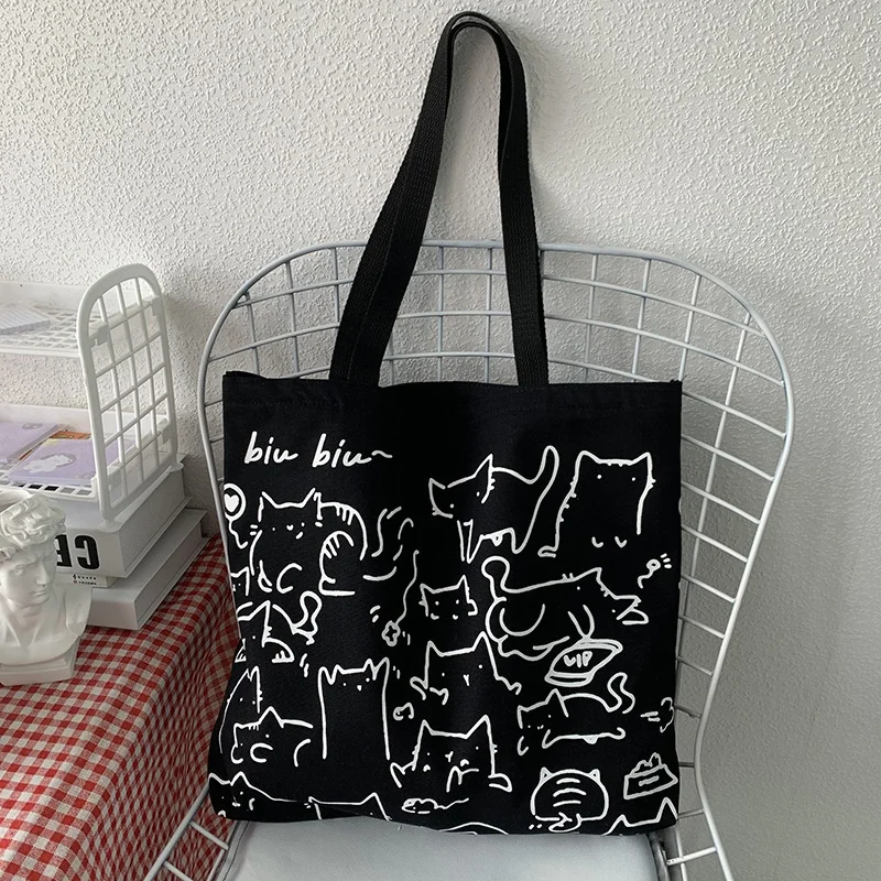Bolsos de lona, bolso de mano para mujer, bolso de mano con bonito gato y cremallera, bolso de diseñador, bolsos de hombro pequeños de dibujos animados de estilo japonés - imagen 5
