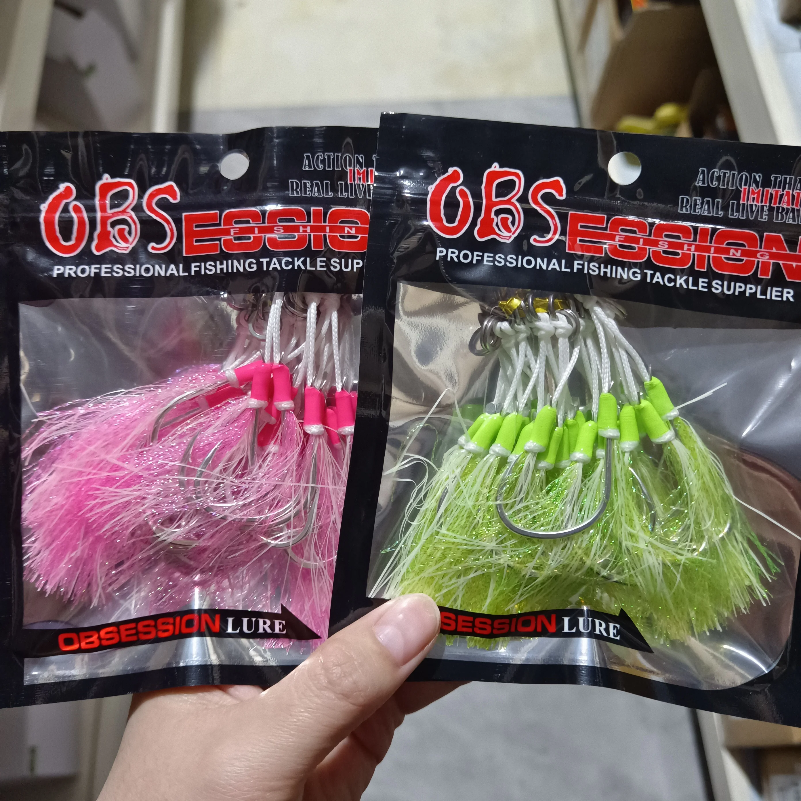 OBSESSION HK046 10 unids/bolsa 1/0-5/0 anzuelos dobles de pesca en el mar de alto carbono anzuelo de ayuda de plantilla de Metal luminoso gancho de Jigging lento de fuerza - imagen 4